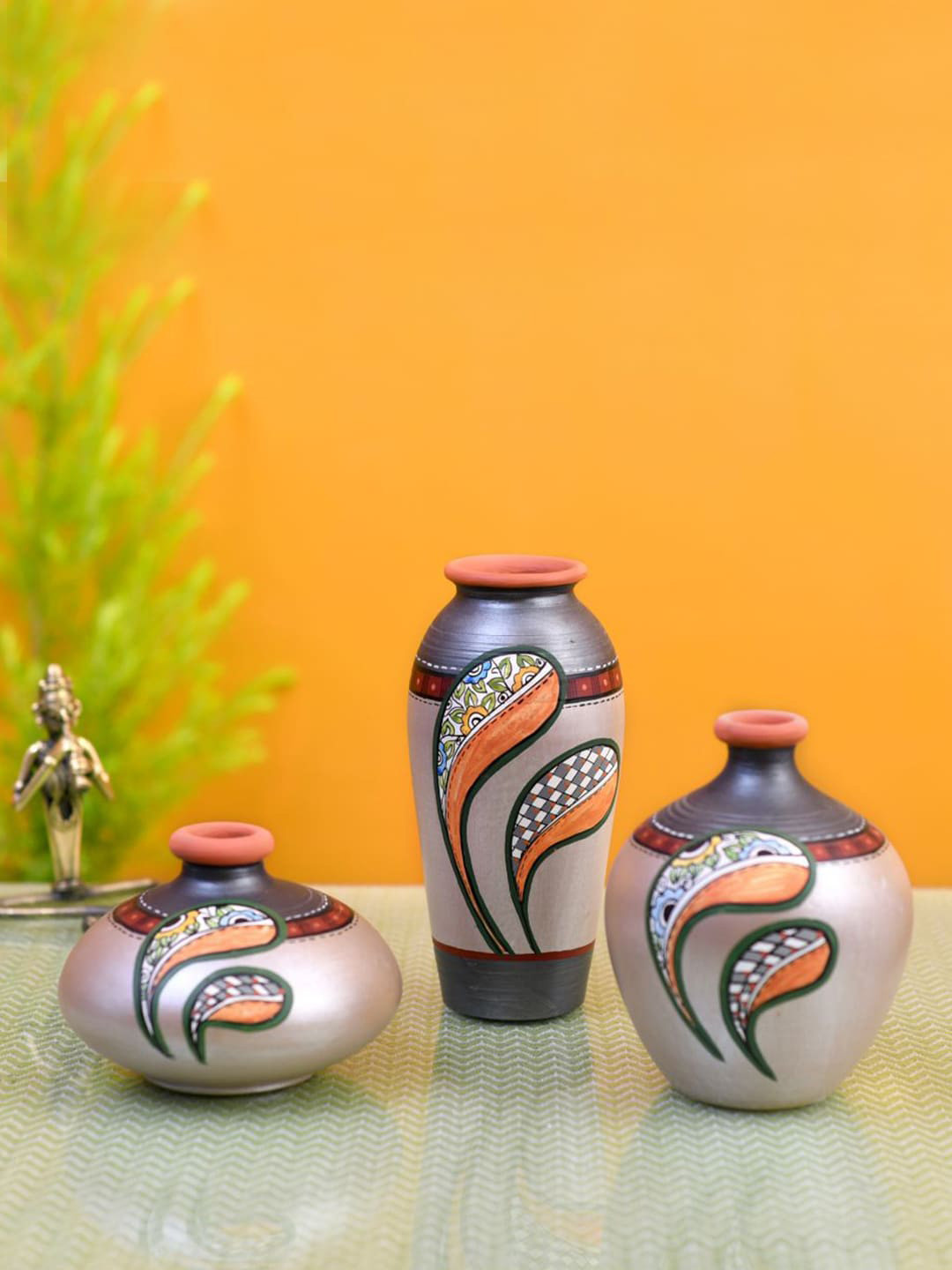 AAKRITI ART CREATIONS Grey 3 Pieces Bloom Printed Vases