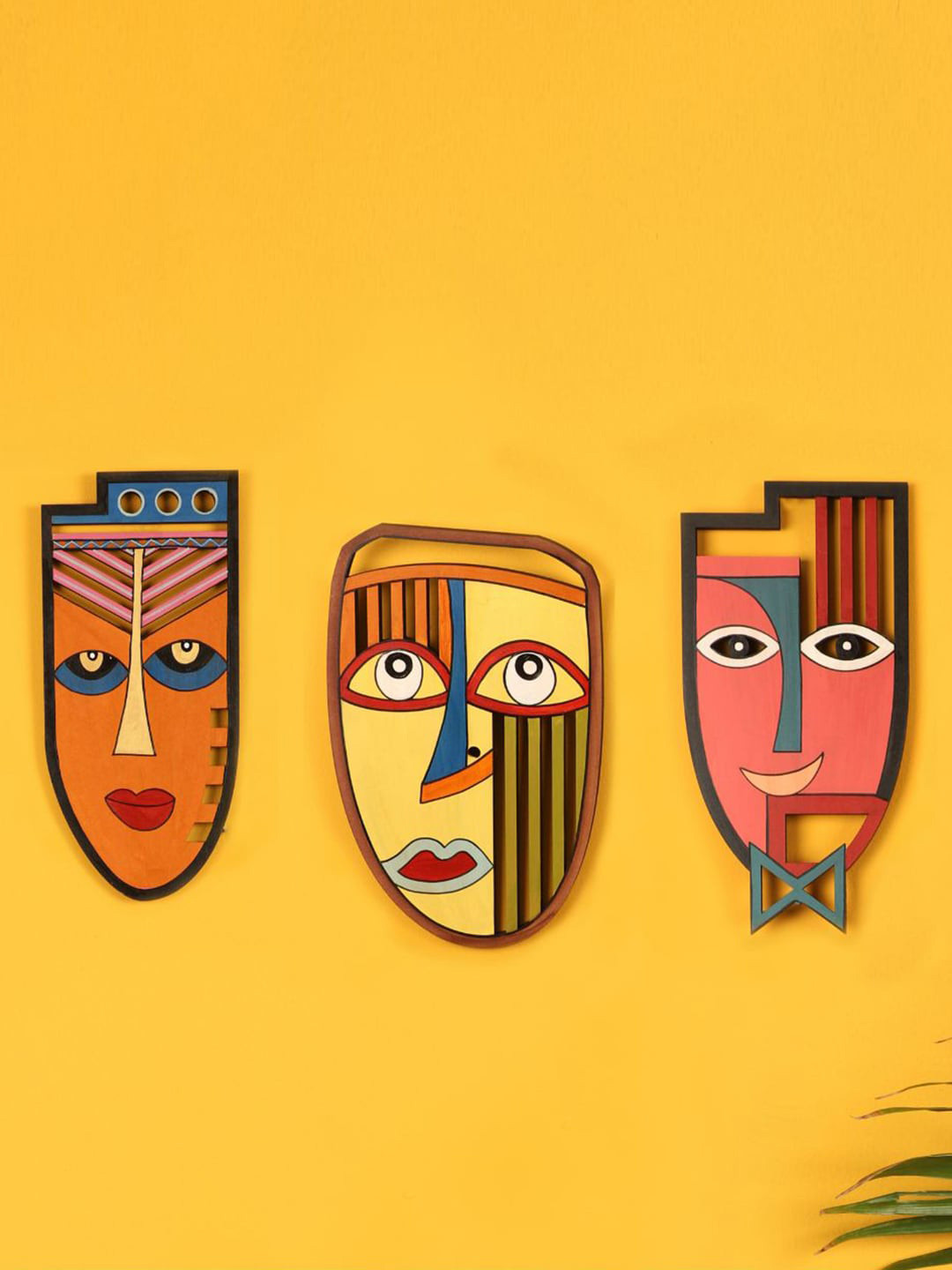 AAKRITI ART CREATIONS my family Wood Ethnic Motifs Matte Hanging Hall 3Pcs Wall Masks-13In