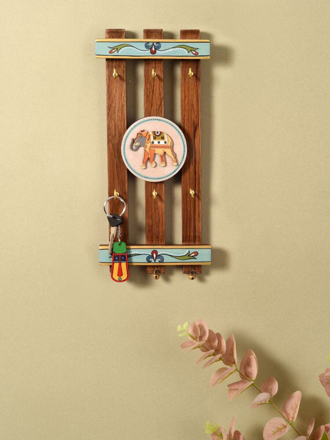 AAKRITI ART CREATIONS Brown Happy Elephants Printed Wooden Key Holders