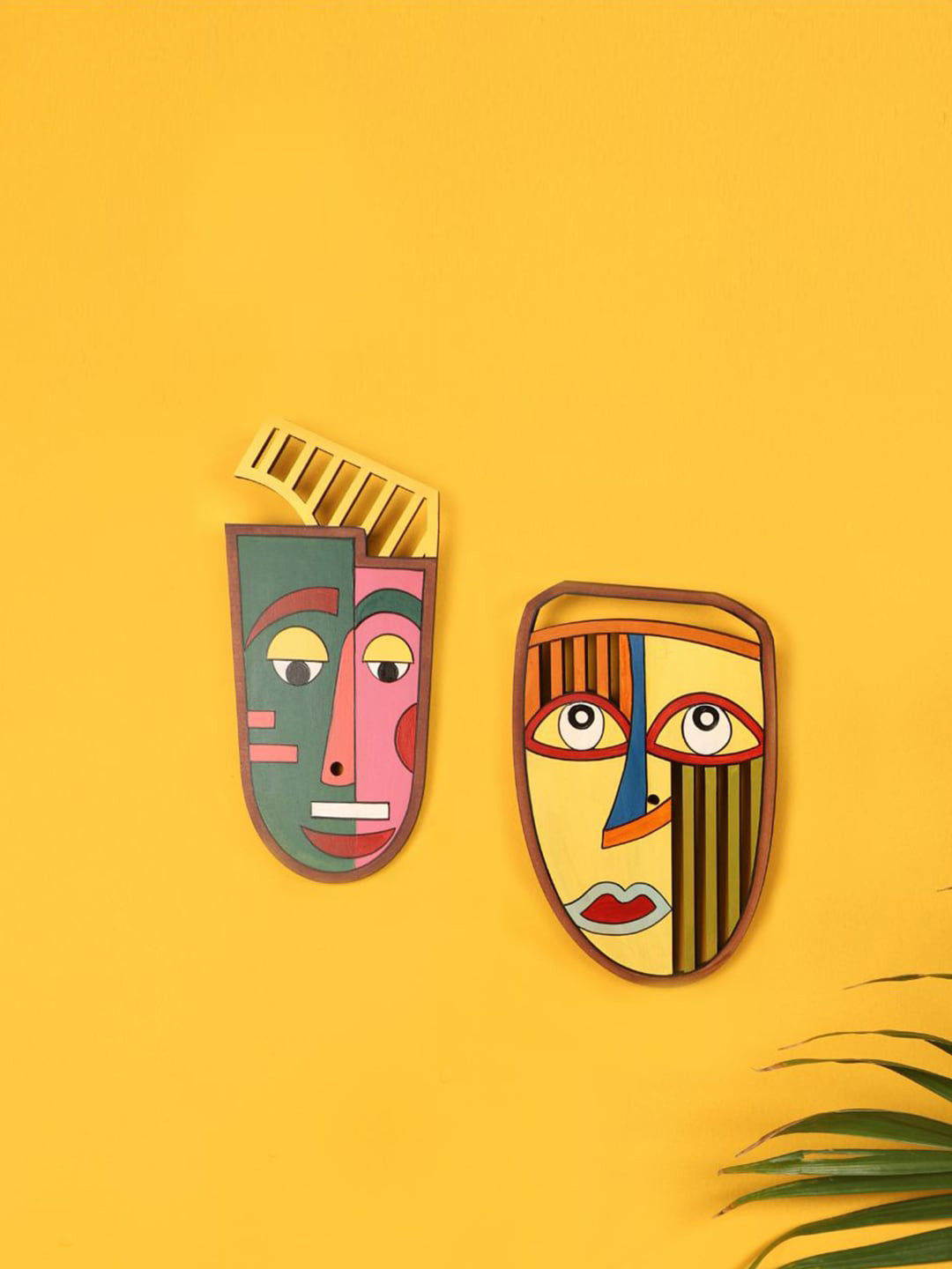 AAKRITI ART CREATIONS Wood Ethnic Motifs Matte Hanging Hall 2Pcs Wall Masks-13In