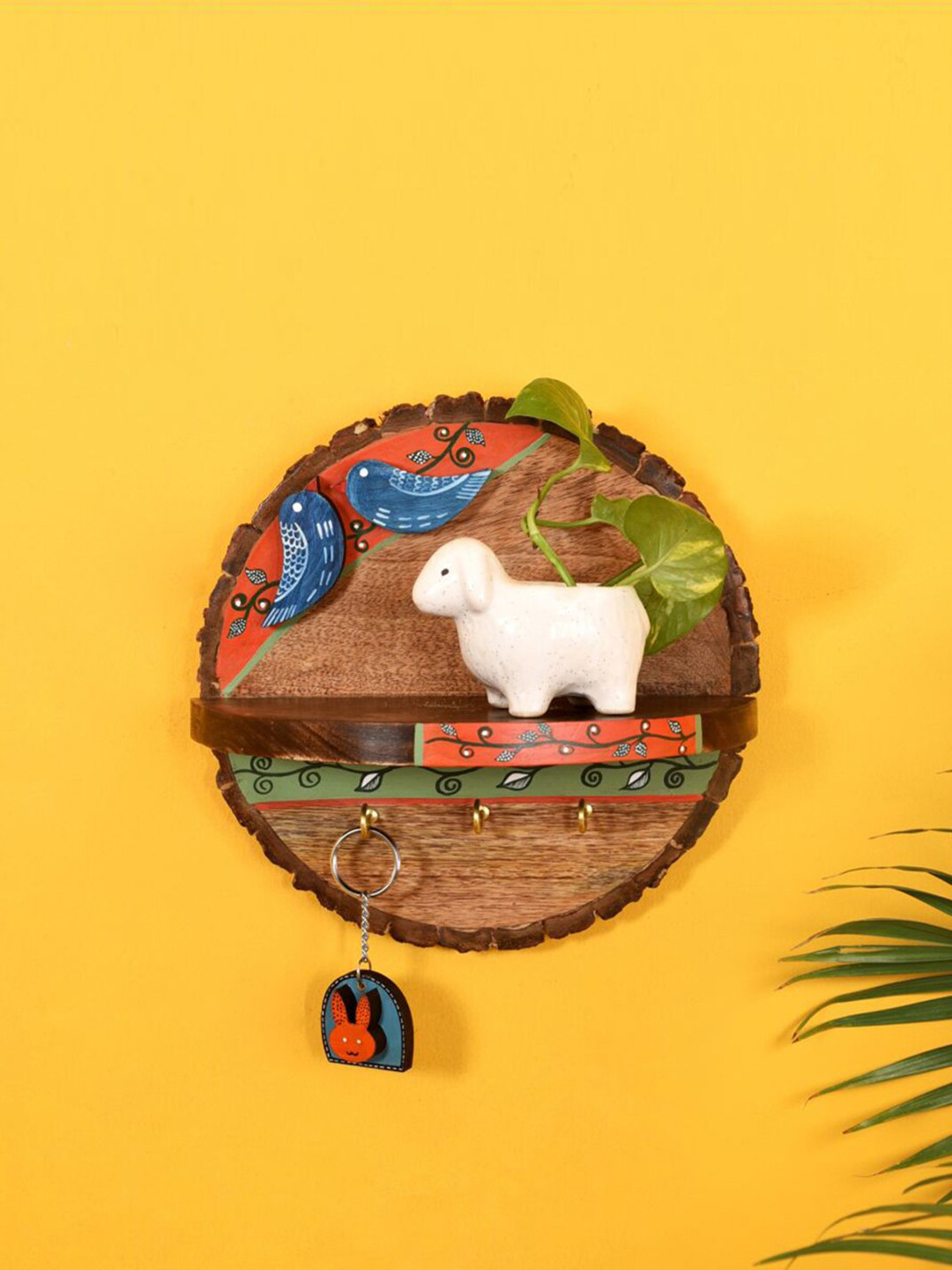 AAKRITI ART CREATIONS Brown Wooden Love Birds Wall Decor Shelf Convertible Key Holders