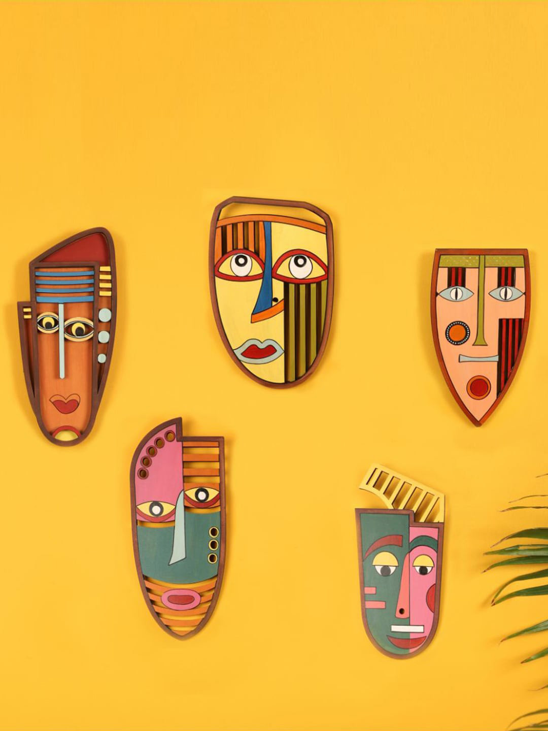 AAKRITI ART CREATIONS Mohicans Wood Ethnic Motifs Antique Hall 5Pcs Wall Masks-14In