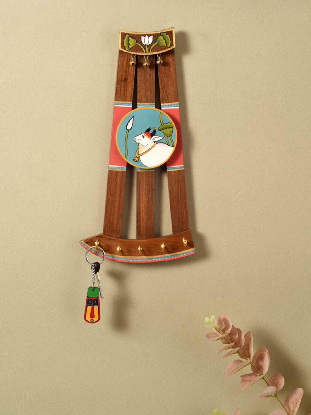 AAKRITI ART CREATIONS Brown & Blue Pichhwai Cow Printed Wooden Key Holders