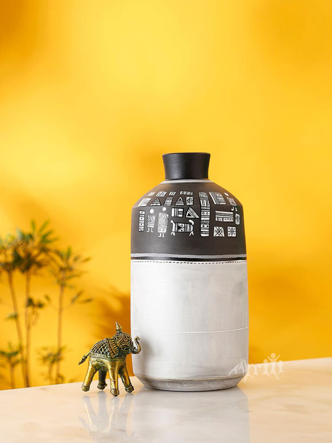 AAKRITI ART CREATIONS White & Black Earthen Printed Vases