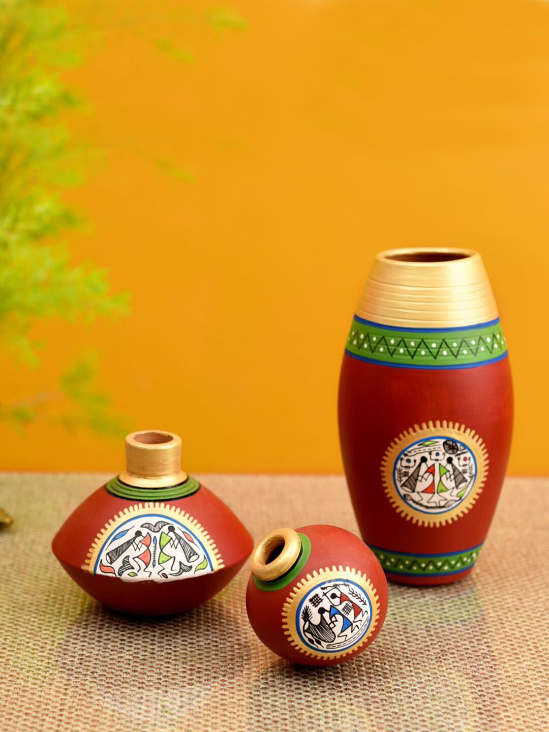 AAKRITI ART CREATIONS 3-Pcs Red & Golden Rustic Warli Printed Vases