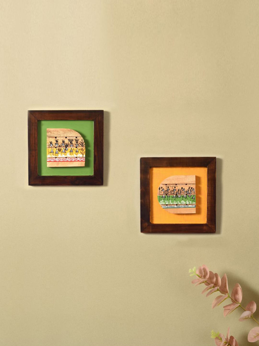 AAKRITI ART CREATIONS Green & Yellow 2 Pieces Shades Of Warli Wooden Wall Arts