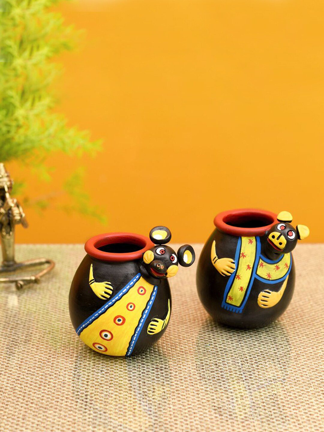AAKRITI ART CREATIONS Black & Yellow 2 Pieces Printed Terracotta Vases