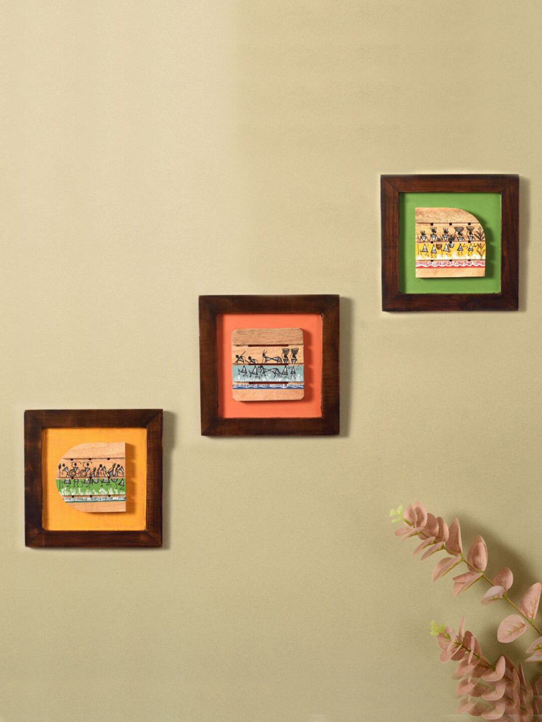 AAKRITI ART CREATIONS warli Wood Ethnic Motifs Matte Hall 3Pcs Abstract Wall Decor-8In