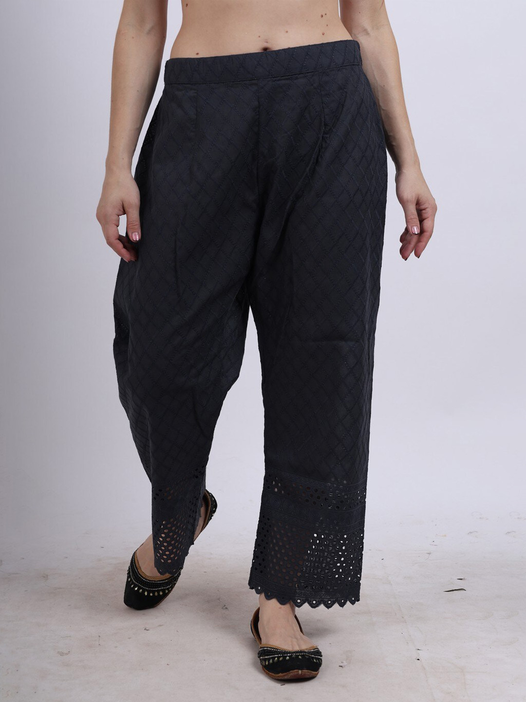 Spring Soul Geometric Embroidered Wide Leg Cotton Ethnic Palazzos