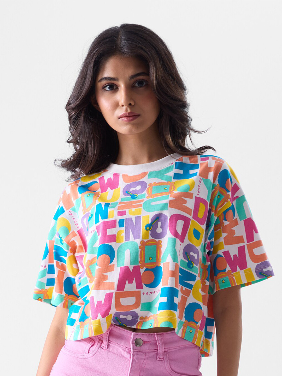 The Souled Store Typography Printed Printed V-Neck Cotton Boxy Crop T-shirt