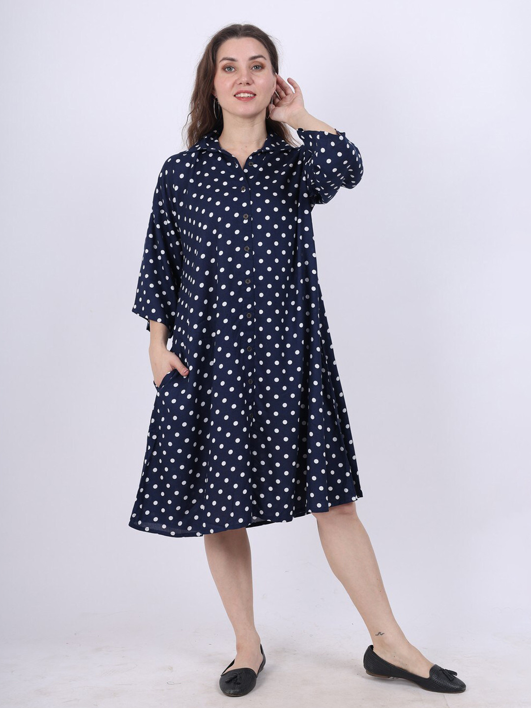 Spring Soul Polka Dot Shirt Collar Cotton Shirt Dress