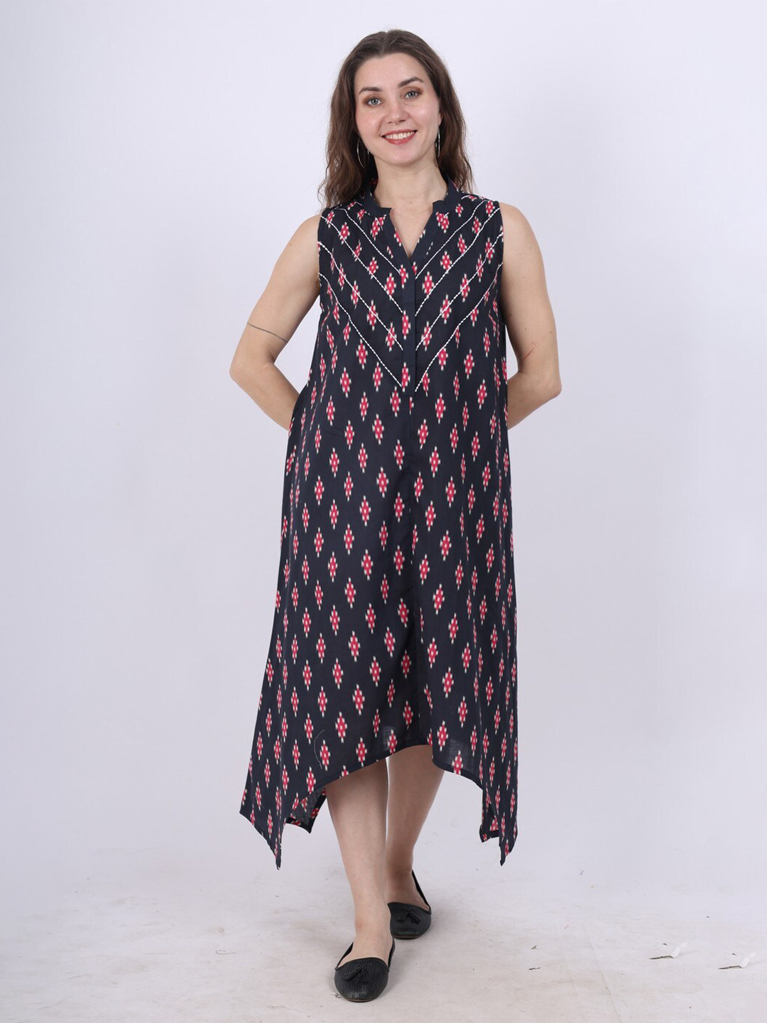 Spring Soul Ethnic Printed Mandarin Collar Cotton Fit & Flare Dress