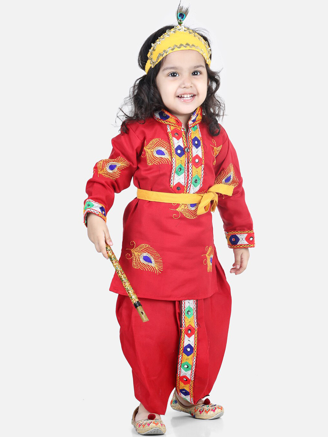 BownBee Boys Ethnic Motifs Embroidered Kurta & Dhoti Pants With Mukut Bansuri & Belt