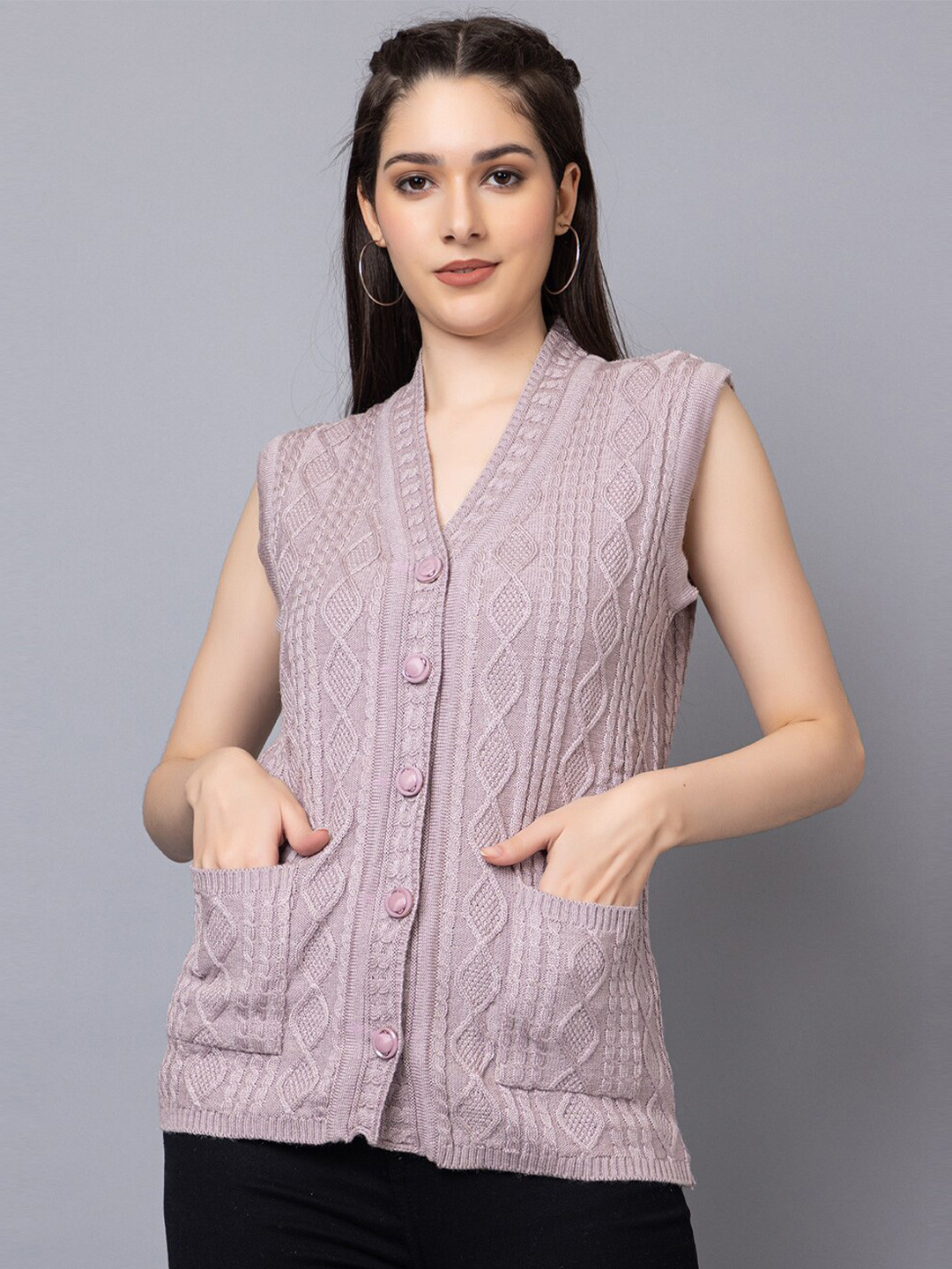 TYSORT Self Design Cable Knit Sleeveless Woolen Cardigan