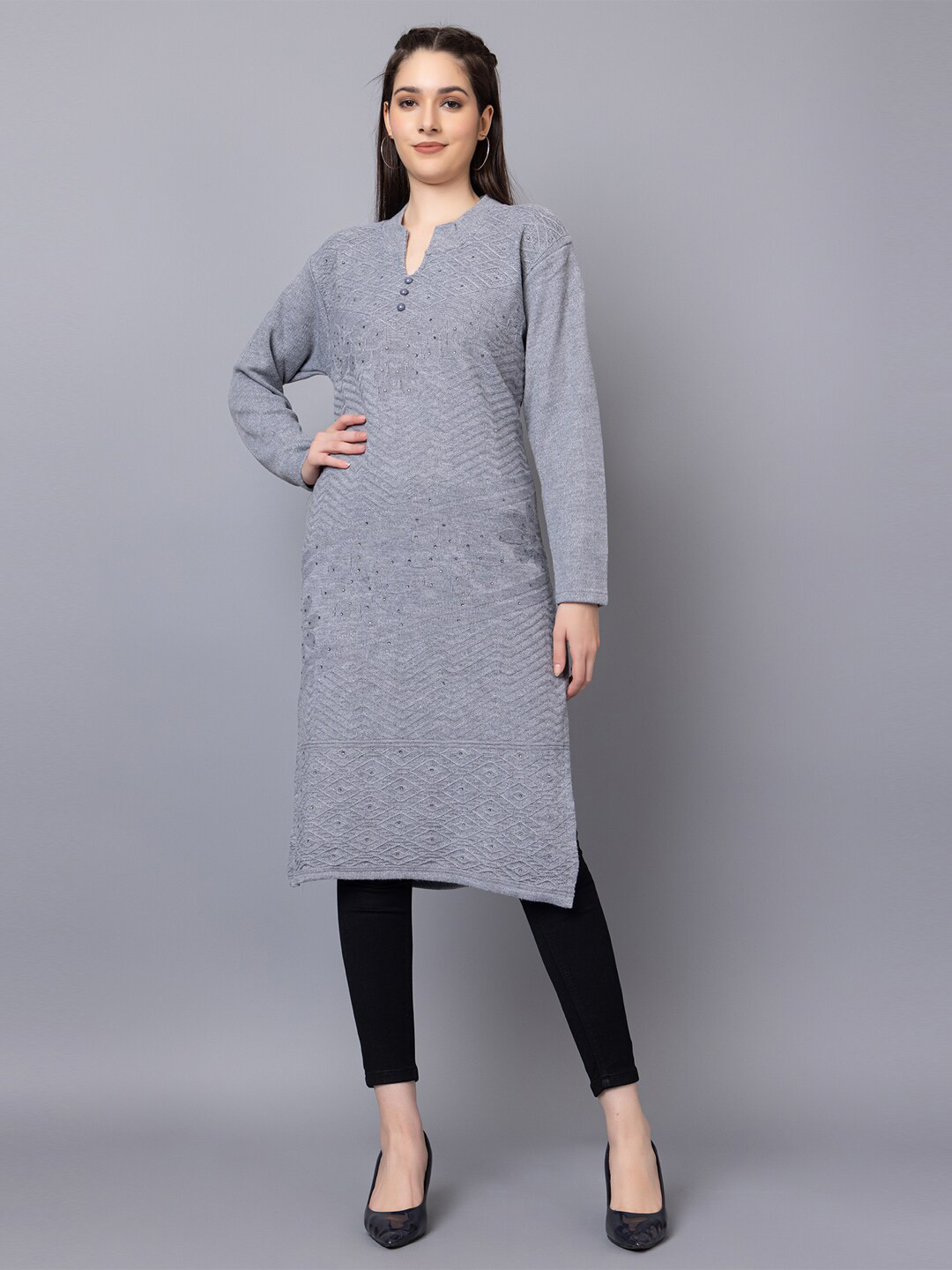 TYSORT Woven Designed Sequinned Detailed Mandarin Collar Straight Woolen Kurta