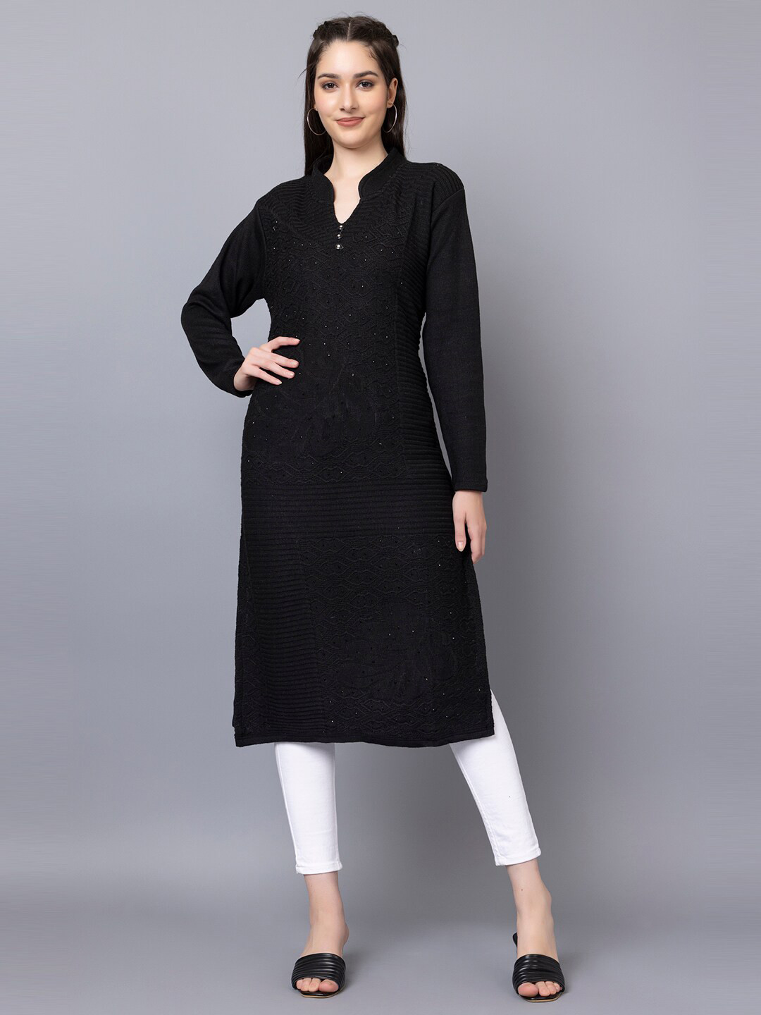TYSORT Woven Designed Sequinned Detailed Mandarin Collar Straight Woolen Kurta
