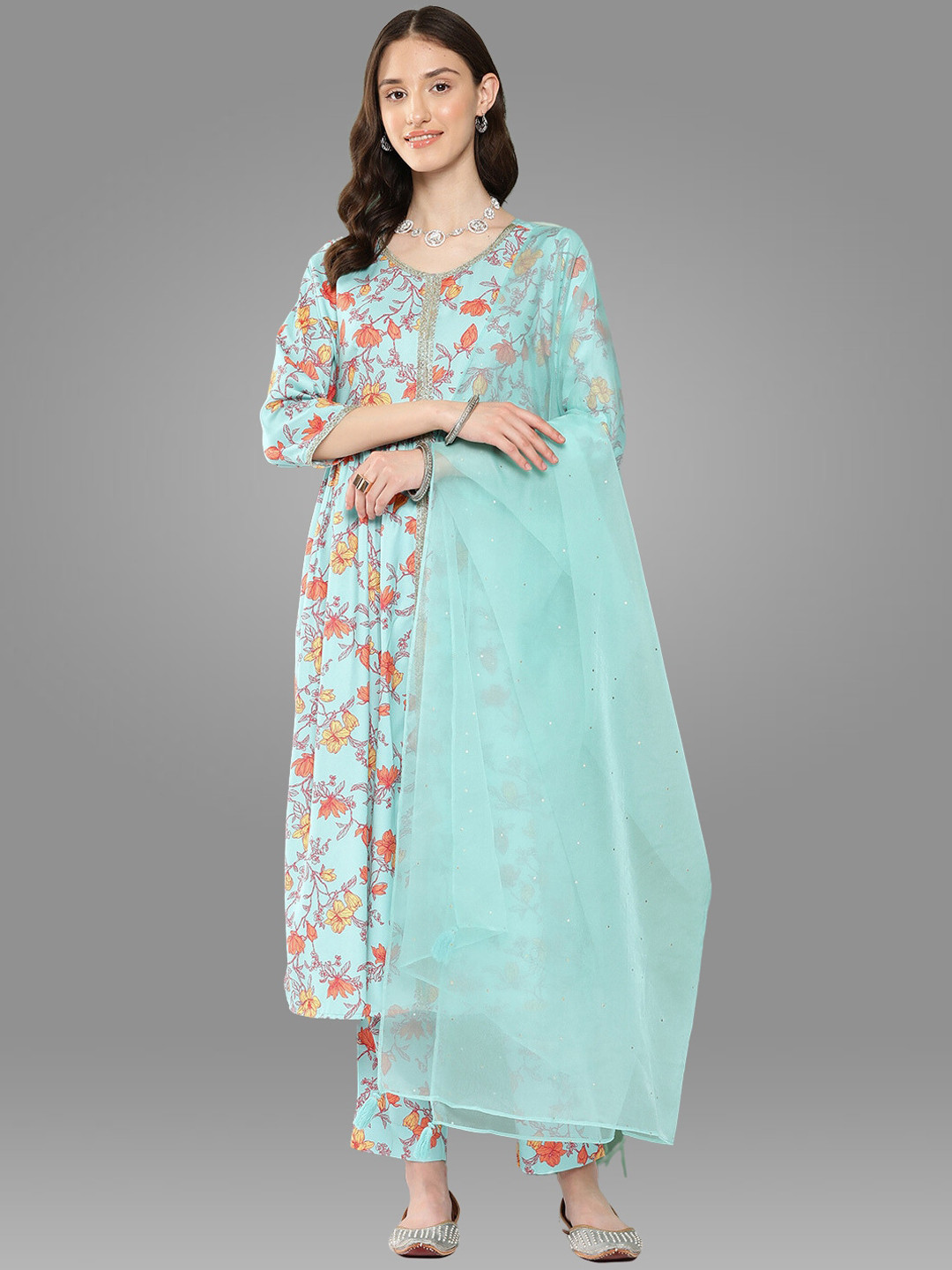 Janasya Aqua Blue Floral Printed Gotta Patti Anarkali Kurta with Trousers And Dupatta