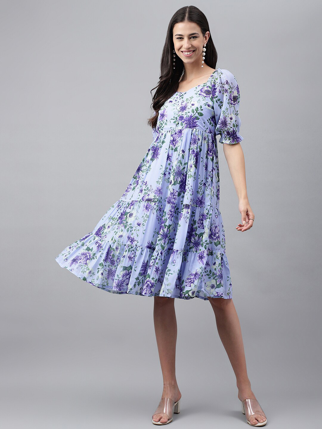 Janasya Blue Floral Printed Sweetheart Neck Gathered Detailed Fit & Flare Dress