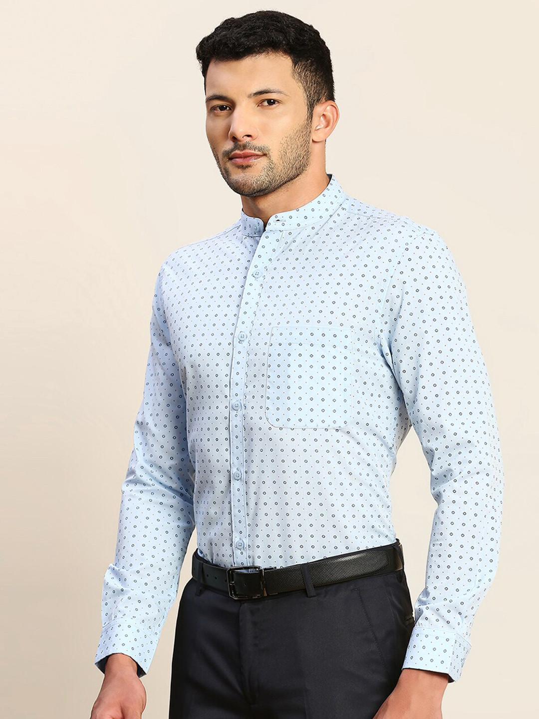 INVICTUS Orginal Band Collar Micro Ditsy printed Slim Fit Opaque Formal Cotton Shirt