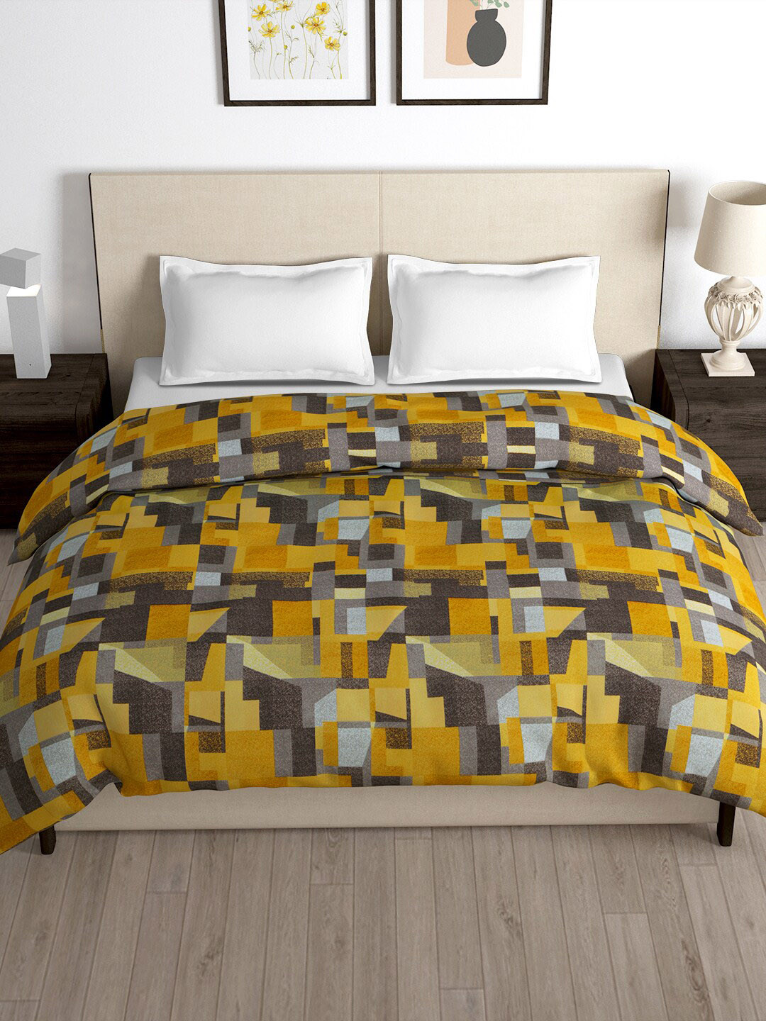 Story@home Mustard Yellow & Brown Printed Pure 180 TC Double Size Duvet Cover
