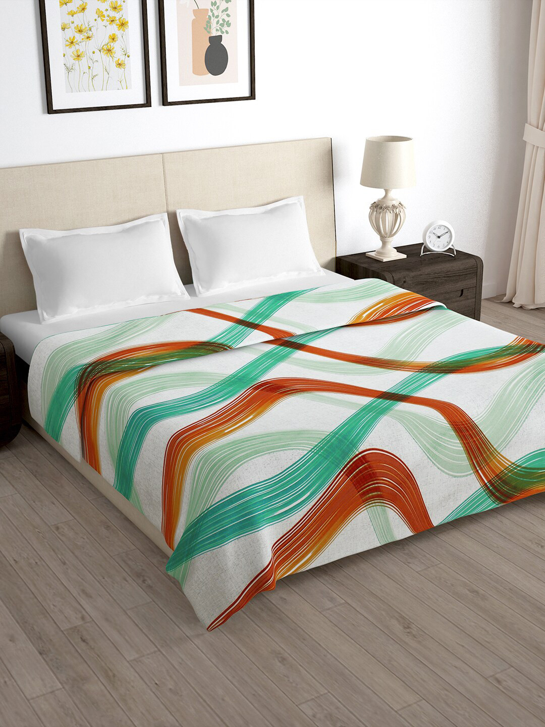 Story@home White & Blue Printed 180 TC Microfibre Double Queen Duvet Cover