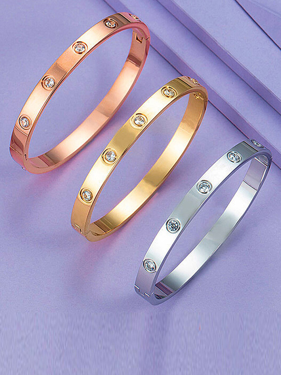 Designs & You Set Of 3 American Diamond Gold-Plated Kada Bracelet
