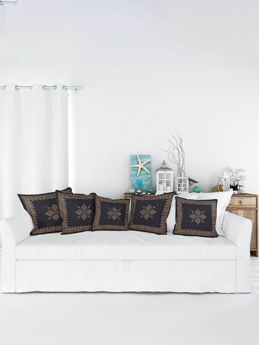 Jaipur Folk Black & Gold-Toned 5 Pieces Floral Printed Square Cushion Covers