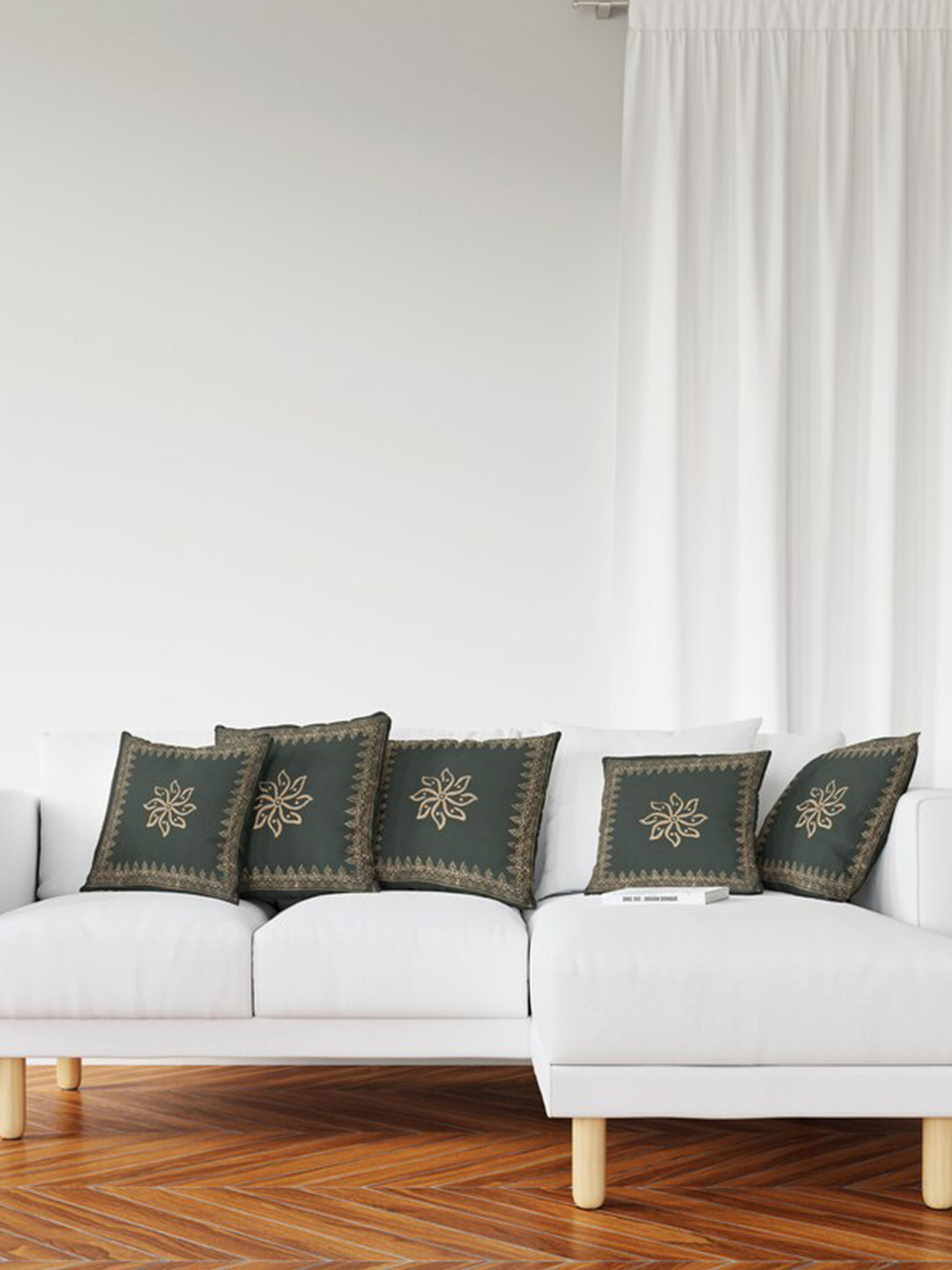 Jaipur Folk Green & Gold-Toned 5 Pieces Floral Square Cushion Covers