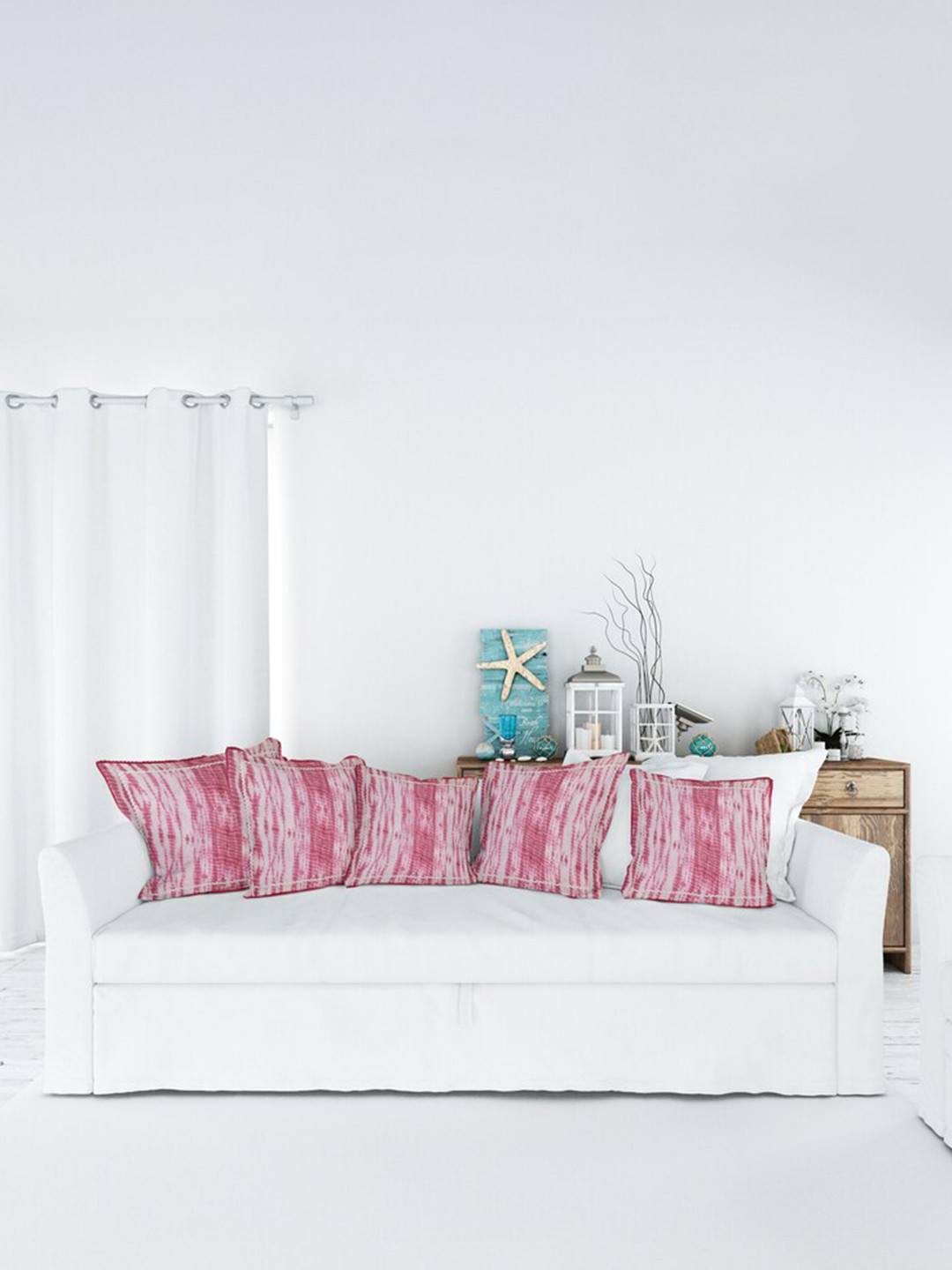 Jaipur Folk Pink Abstract Viscose Rayon Washable 5 Piece Square Cushion Covers -16x16In