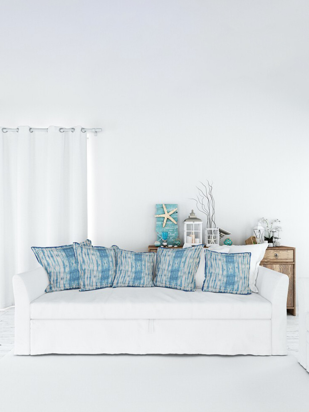 Jaipur Folk Blue Abstract Cotton Lightweight 5 Pcs Square Cushion Covers - 16 x 16 Inches