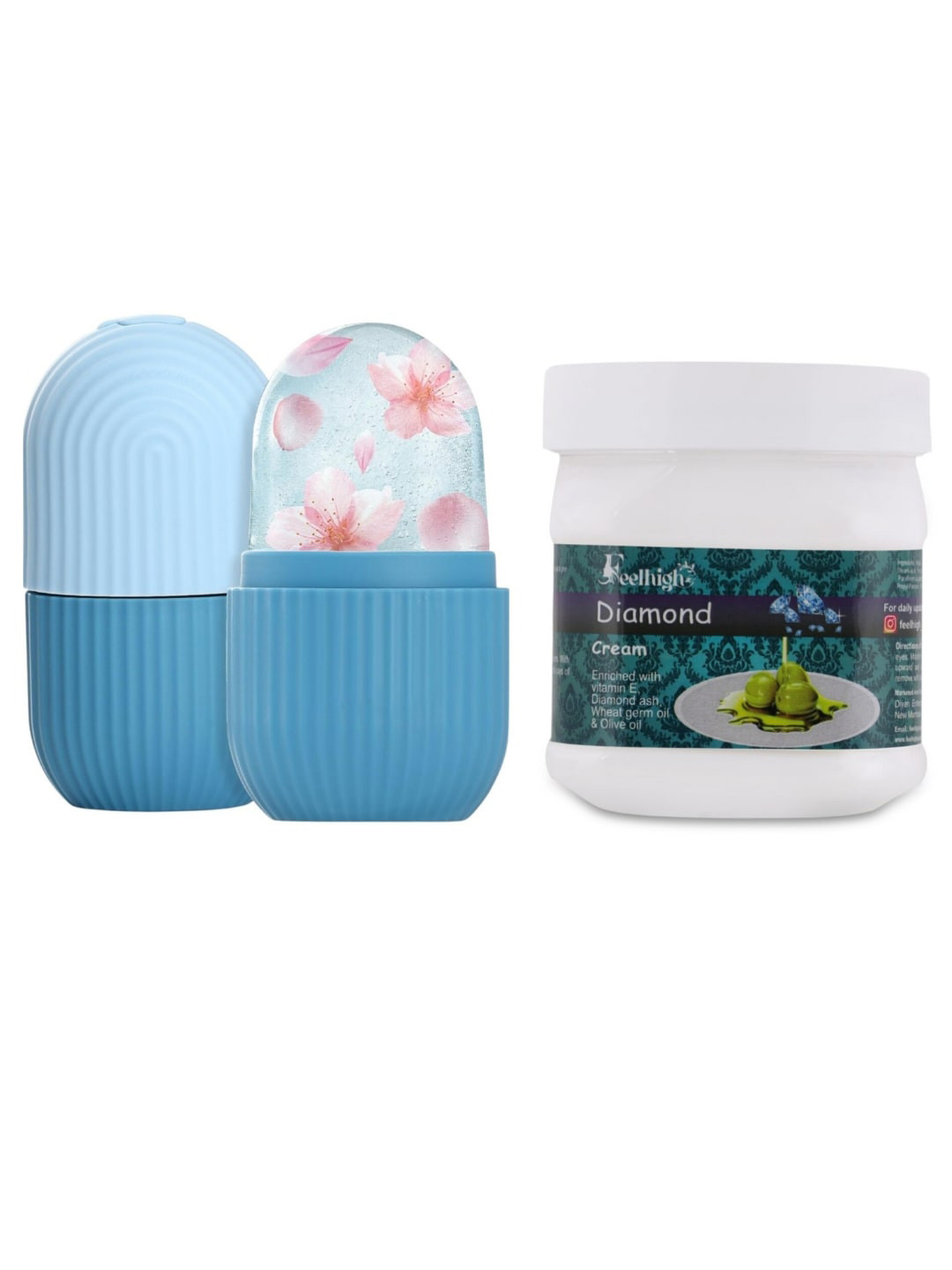 FEELHIGH Ice Roller with Diamond Cream Enriched with Olive Oil - 10ml+500ml