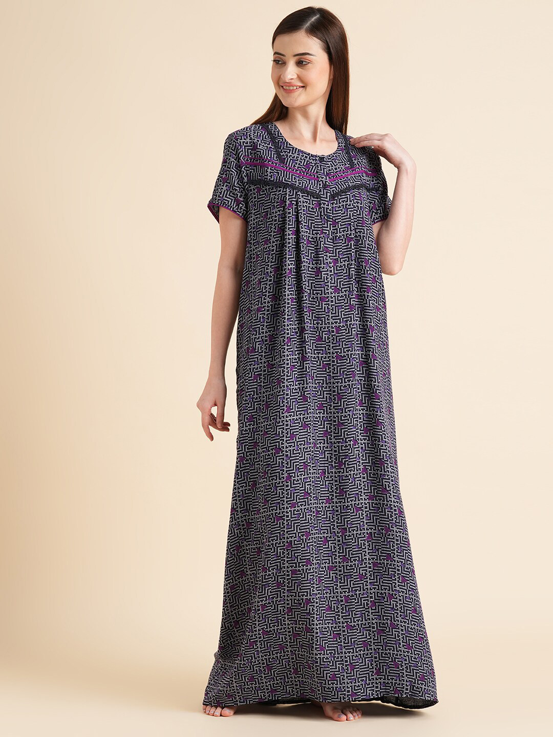 Sweet Dreams Navy Blue Geomertic Printed Pure Cotton Maxi Nightdress