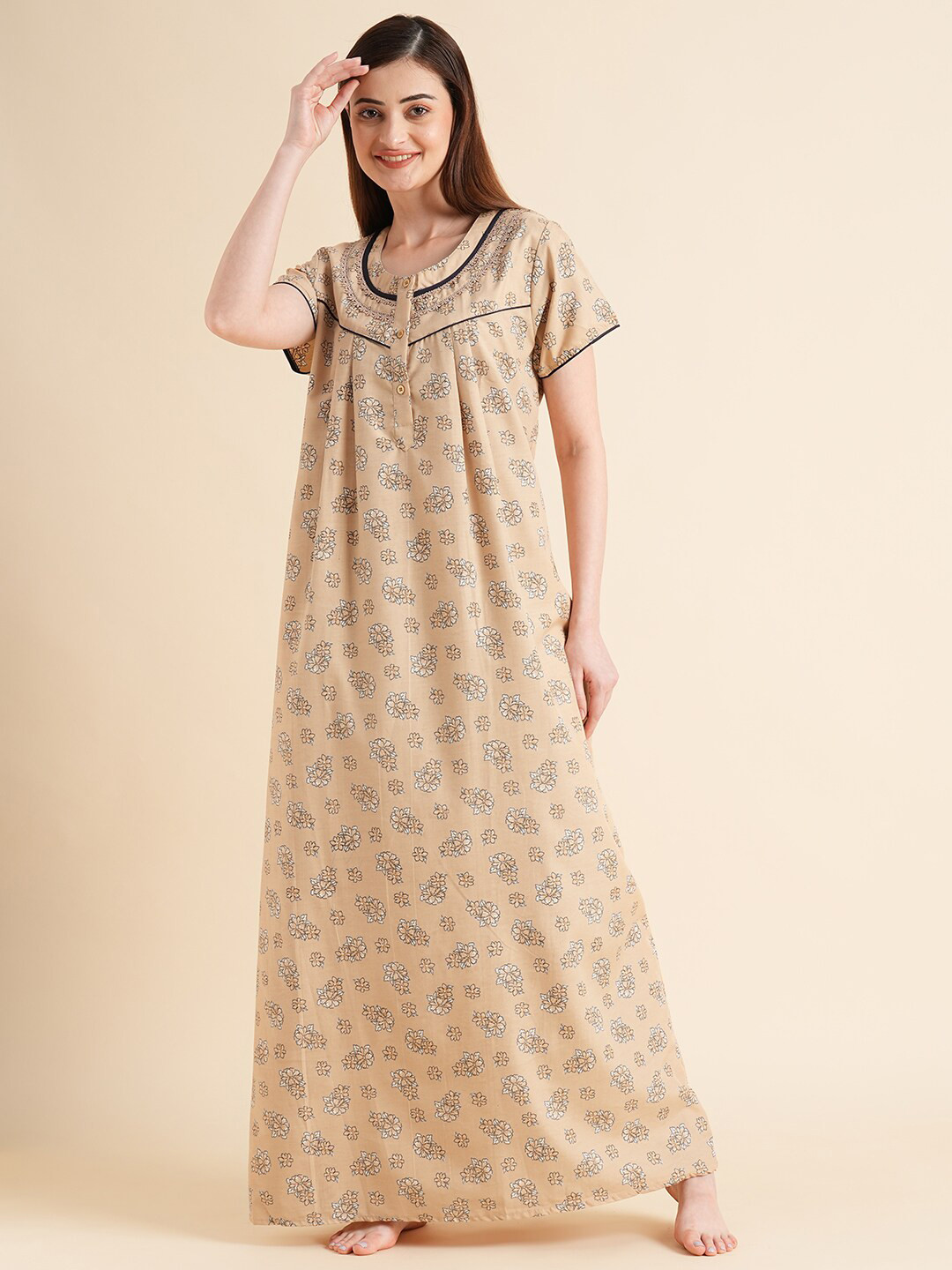 Sweet Dreams Beige-Coloured Floral Printed Maxi Nightdress