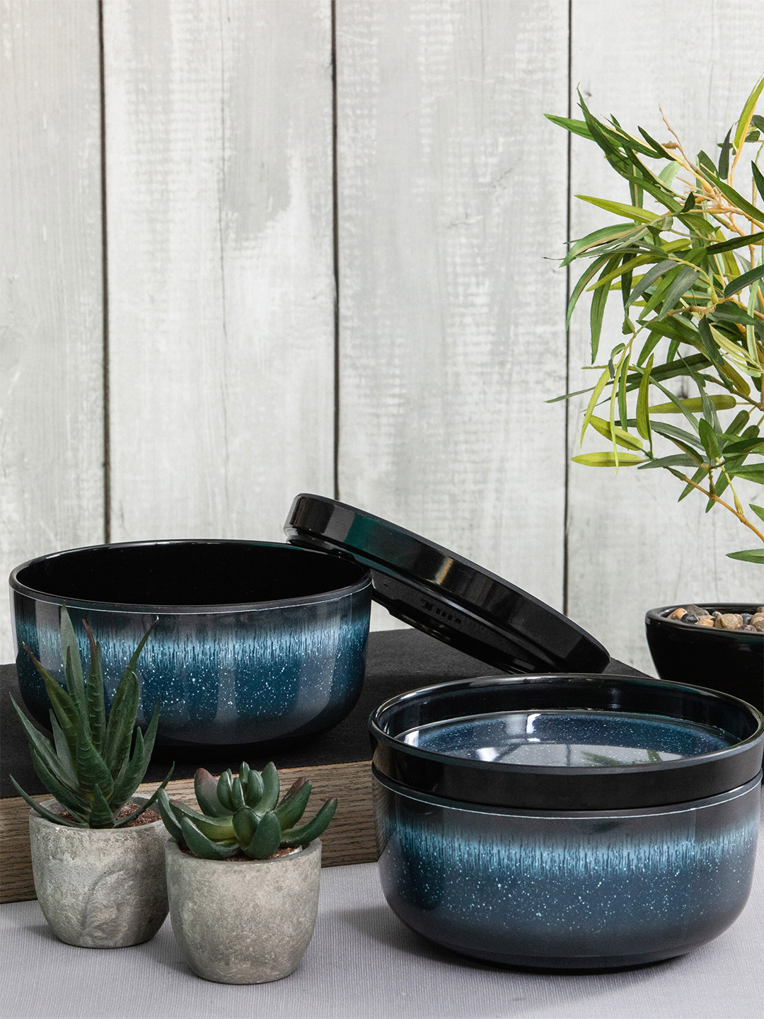 Servewell Dome Black & Blue 4 Pieces Printed Melamine Matte Bowls With Lids