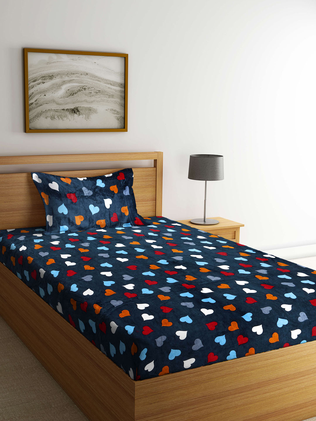 KLOTTHE Navy-Blue & Red Printed Woolen 300 TC Single Bedsheet With 1 Pillow Cover
