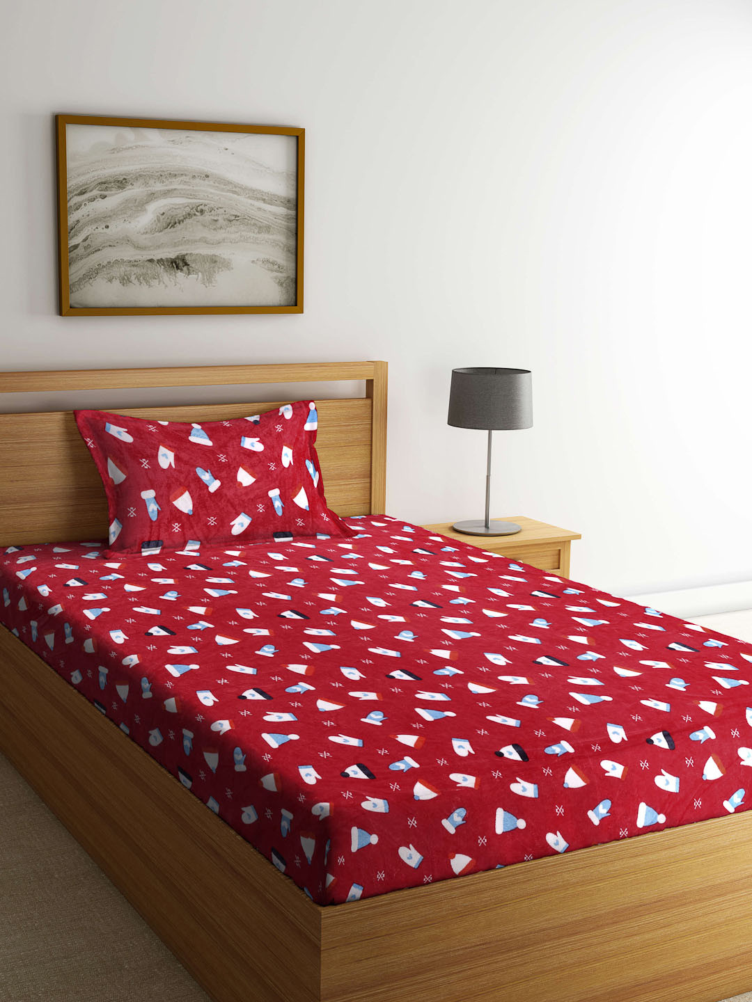 KLOTTHE Red Conversational Wool 300 TC Single Fine Bedsheet with a Pillow Cover-89 x 59 inches