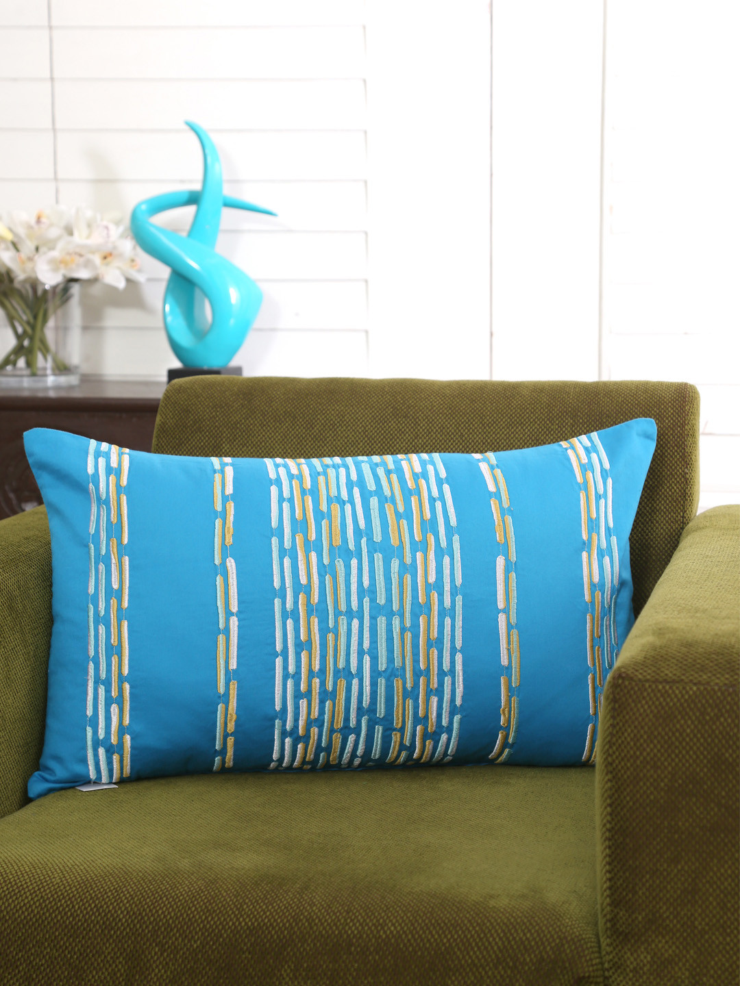 MASPAR Blue Geometric Cotton Washable Embroidered Rectangle Cushion Cover -14x24In