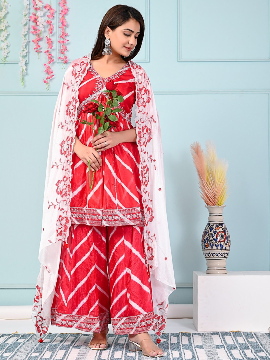 Sangria Red & White Leheriya Printed Thread Work Silk Kurta With Sharara & Dupatta