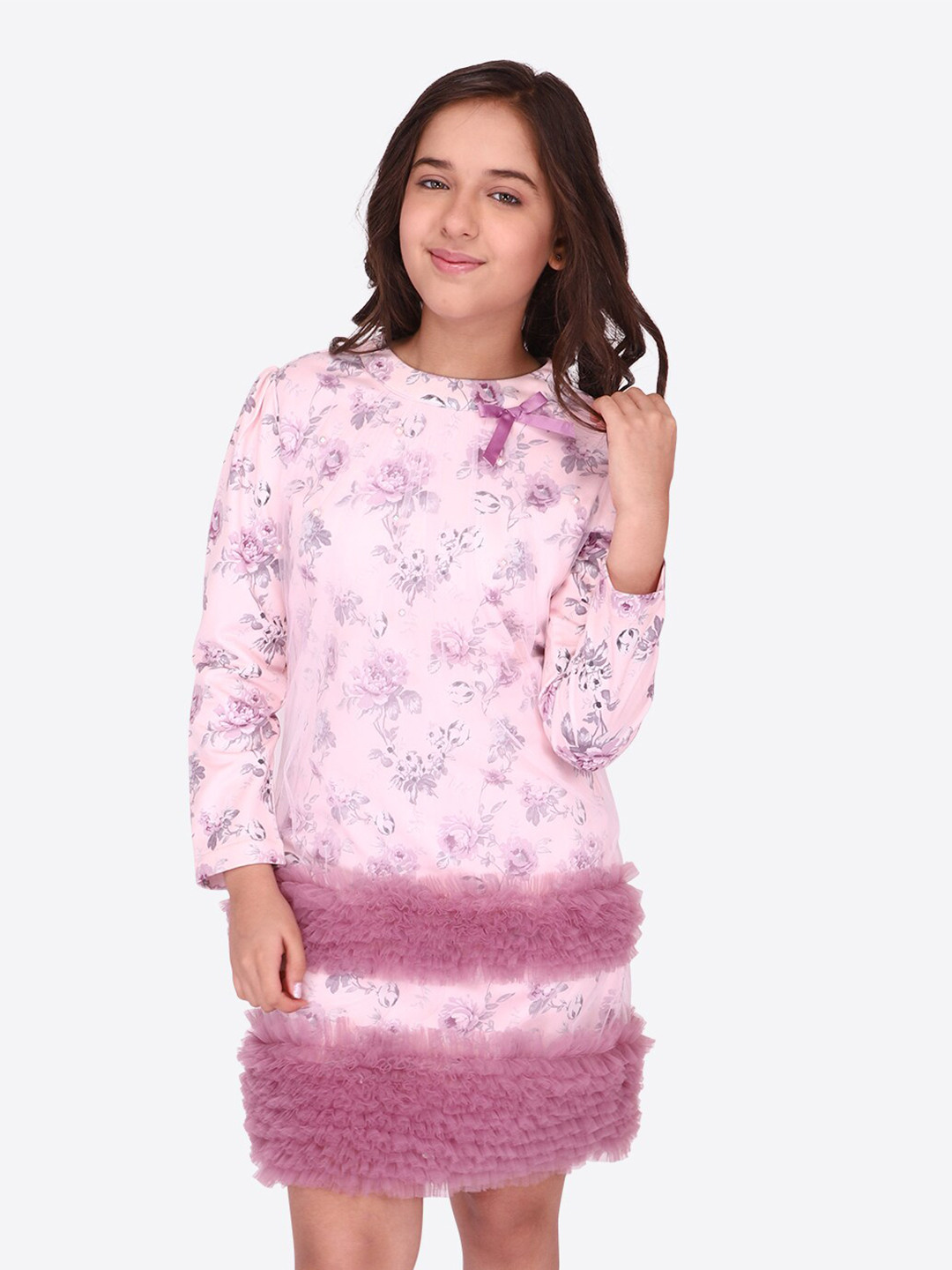 CUTECUMBER Girls Floral Printed Long Sleeves Ruffled Sheath Dress