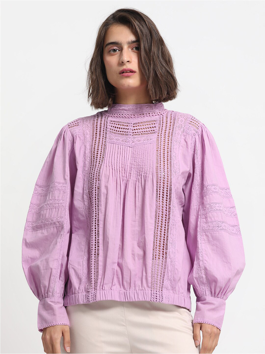 RAREISM High Neck Cuffed Sleeves Lace Insert Detail Cotton Brunch Top