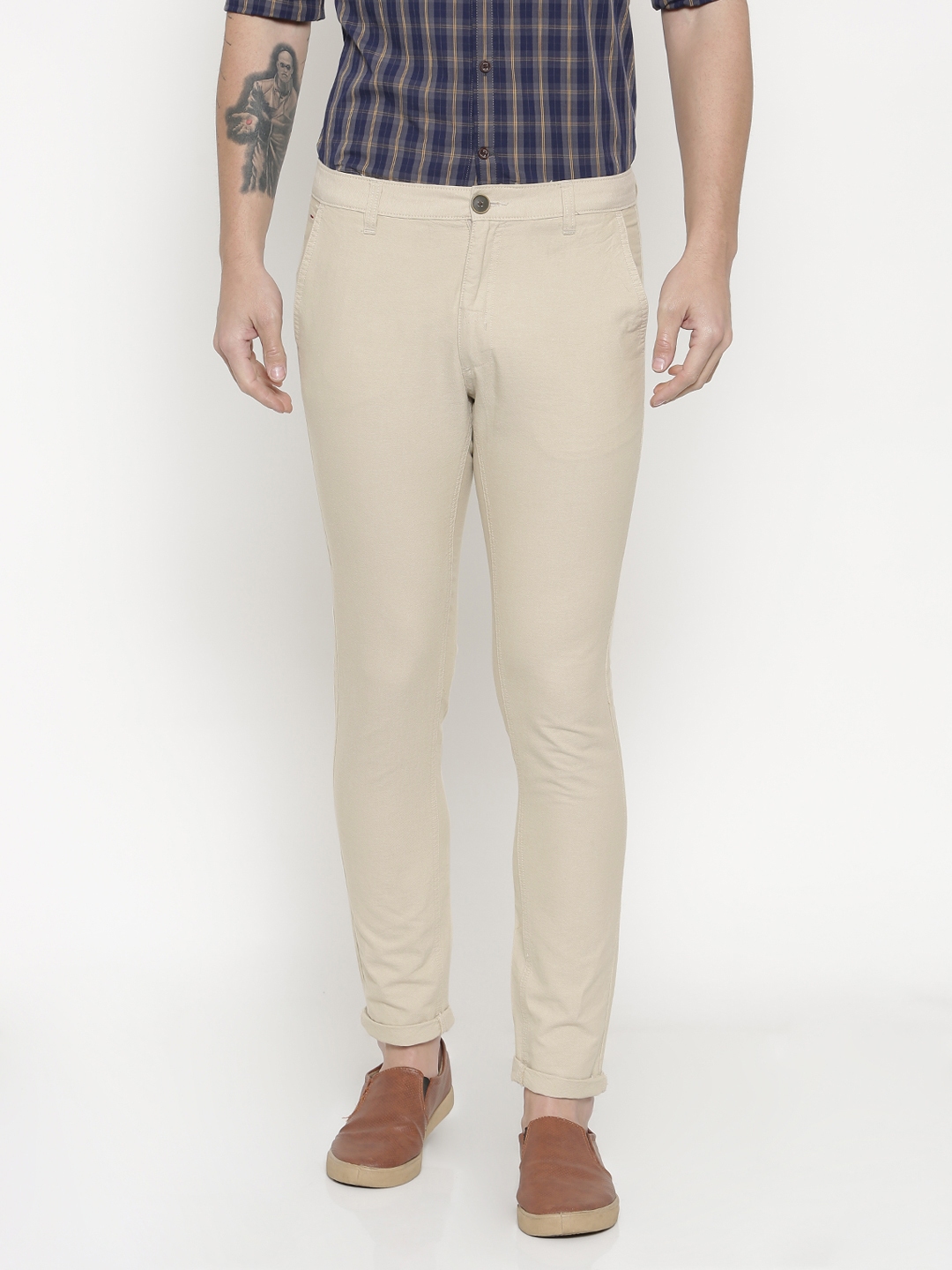 Solid Beige Relaxed Fit Cotton Pants - Vishnu