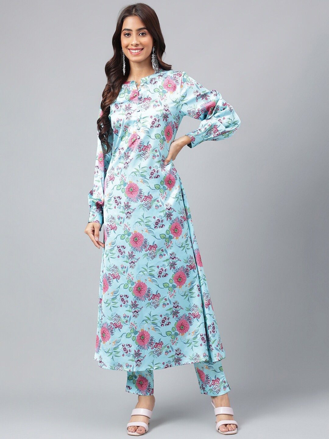 Janasya Blue Floral Printed Mandarin Collar A-Line Kurta with Trousers