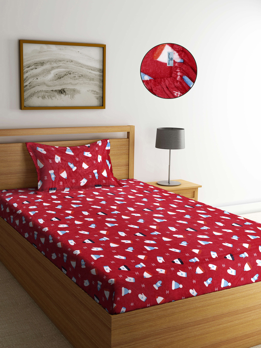 KLOTTHE Red Conversational Wool Skin-Friendly 300 TC Fitted Single Fine Bedsheet with a Pillow Cover-89 x 59 inches