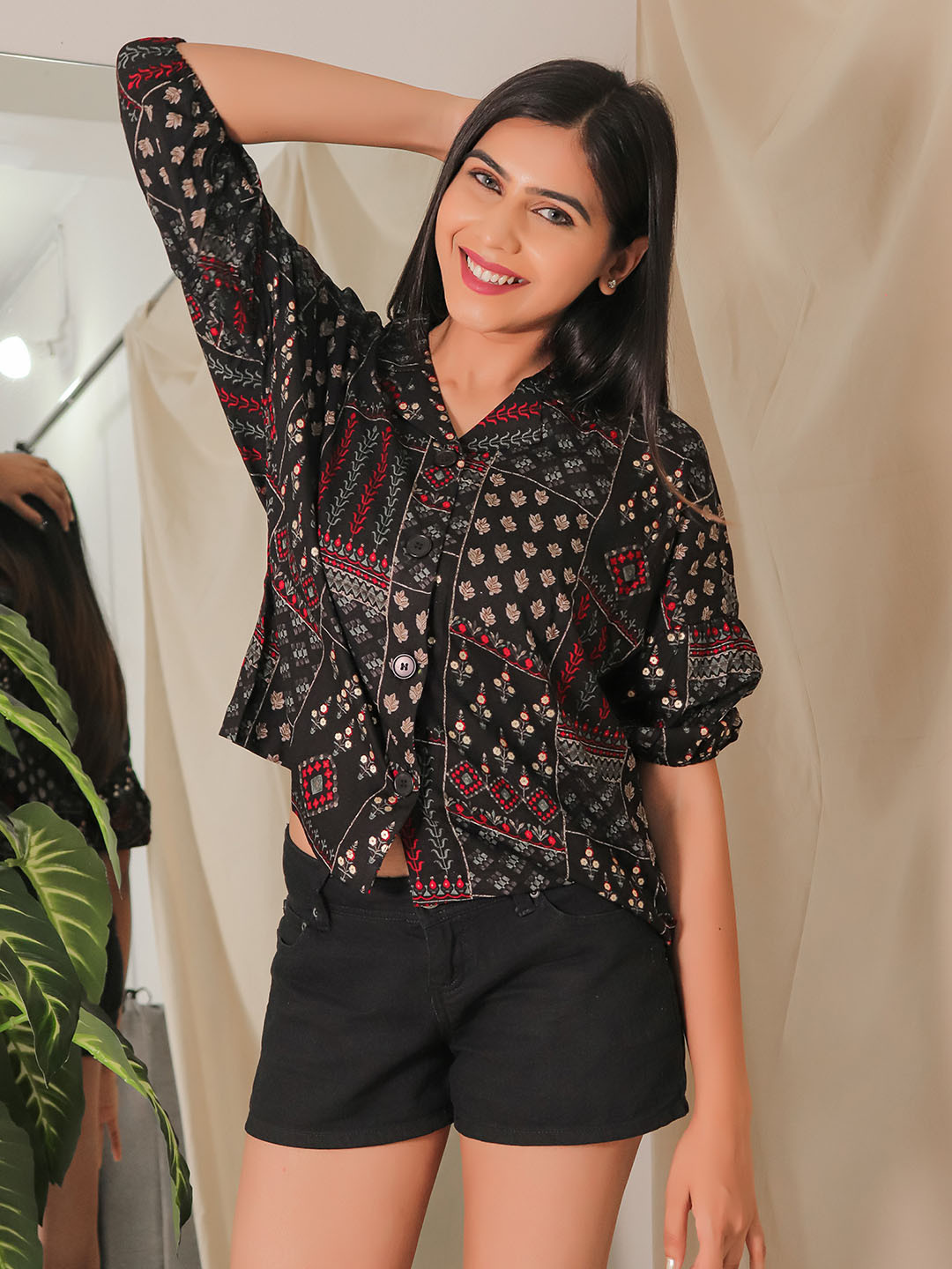 CLEMIRA Ethnic Motifs Printed Shirt Style Top