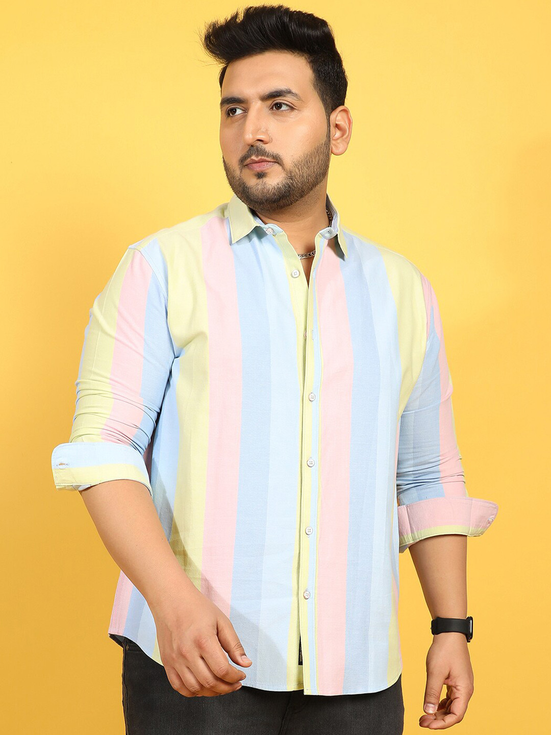 Instafab Plus Classic Plus Size Spread Collar Striped Woven Design Cotton Casual Shirt