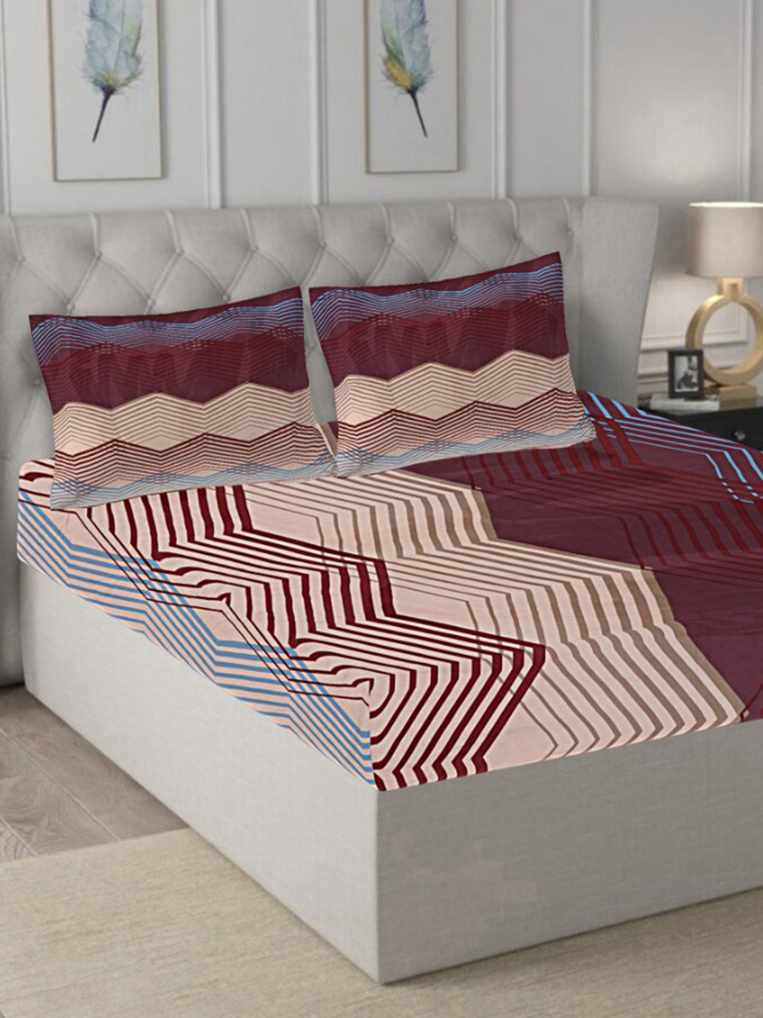 INDHOME LIFE Maroon Chevron Pure Cotton 210 TC Fitted Double Fine Bedsheet with 2 Pillow Covers-108 x 98 inches