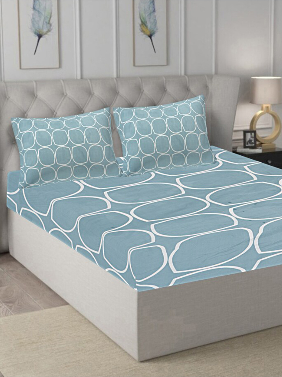 INDHOME LIFE Blue Abstract Pure Cotton 210 TC Fitted Queen Fine Bedsheet with 2 Pillow Covers-108 x 100 inches