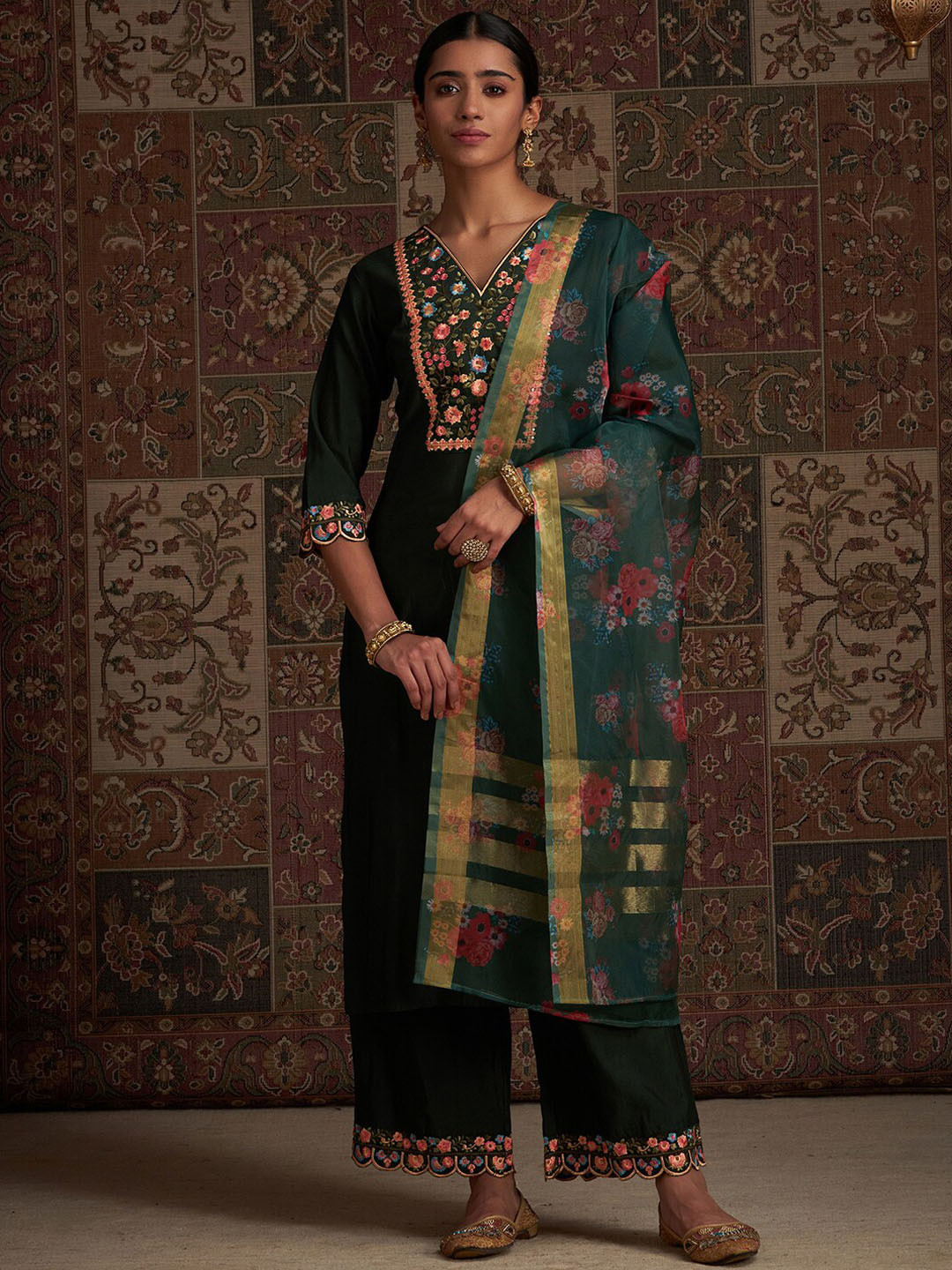 Indo Era Green Floral Yoke Design Thread Work Liva Kurta with Palazzos And Dupatta