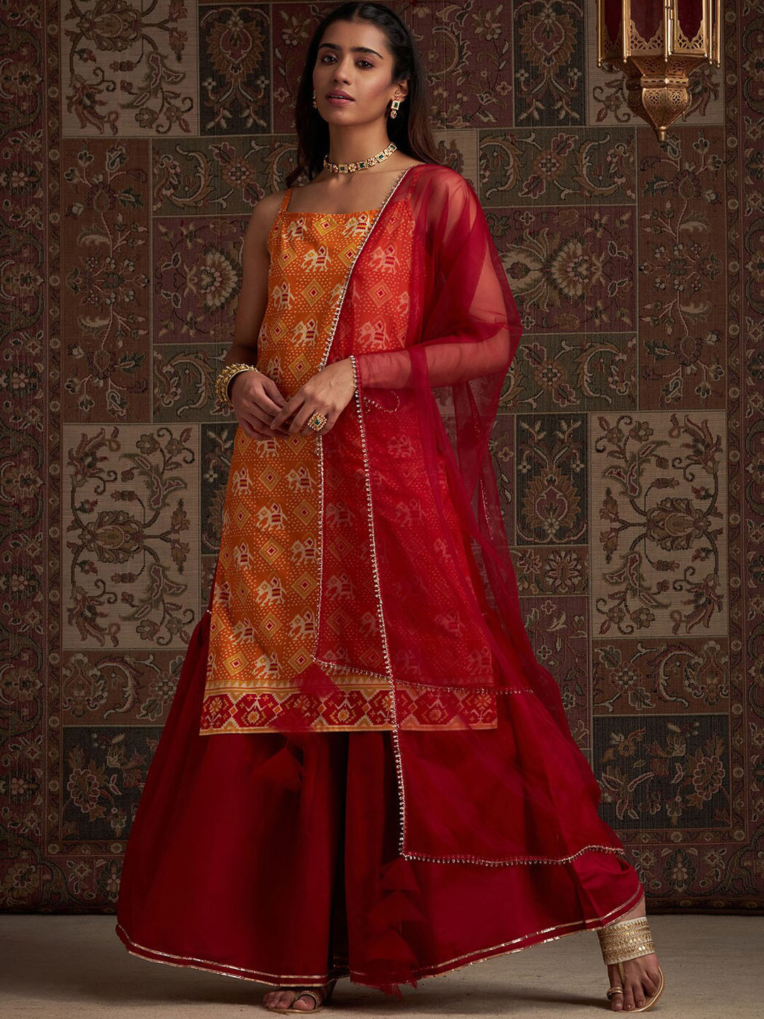 Indo Era Orange Geometric Printed Shoulder Strap Kurta with Sharara & Dupatta