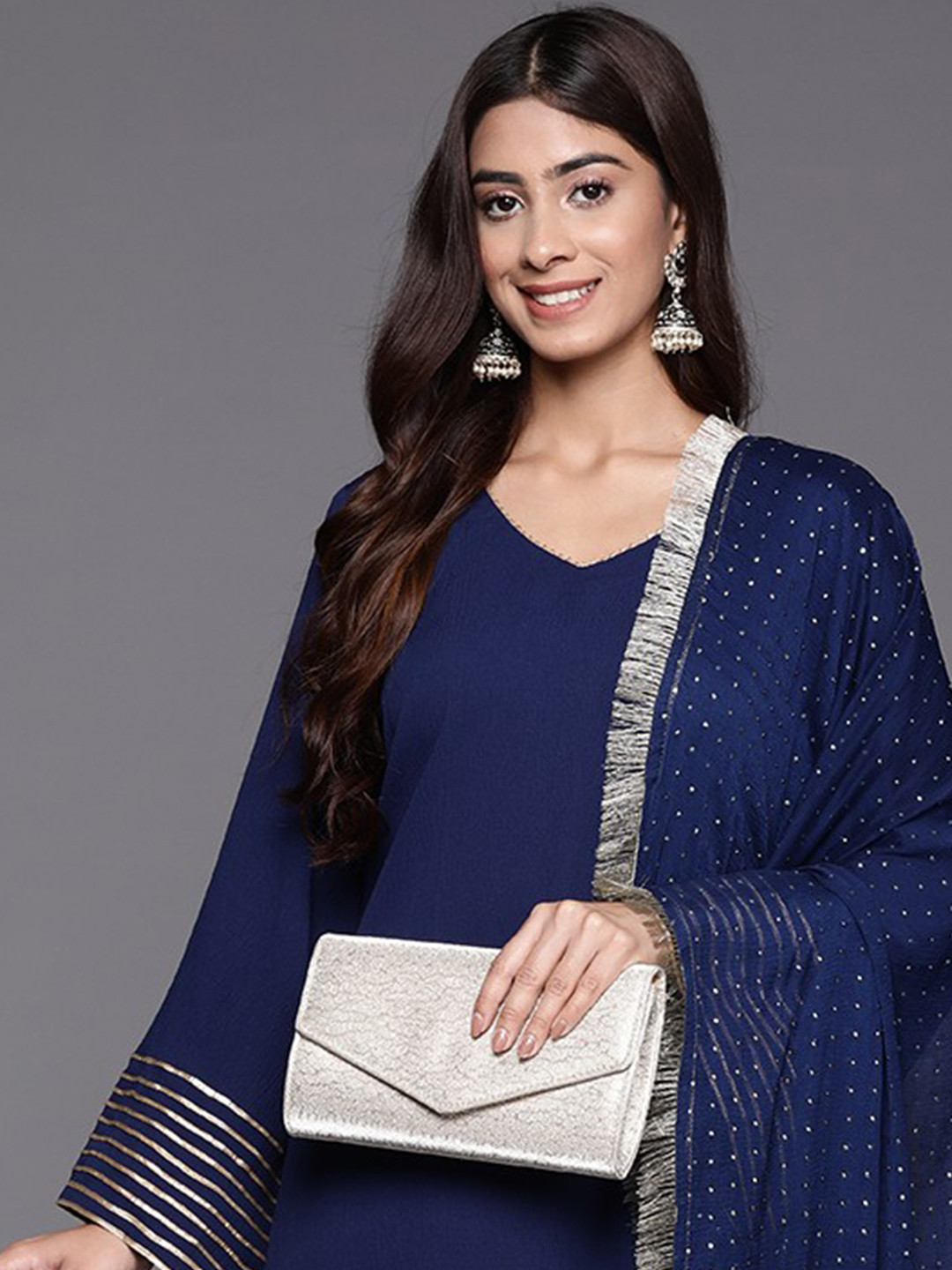 Varanga Navy Blue V Neck Flared sleeves Kurta with trouser and dupatta